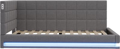 Gestoffeerd Bed / Slaapbank 90×200cm Grijs met Linnenstof, Multifunctioneel Bed zonder Matras met LED-verlichting, USB-aansluiting en Lattenbodem, Moderne Slaapoplossing