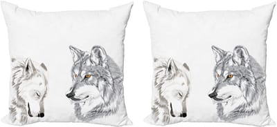 ABAKUHAUS Decoratieve kussenhoes met wolfmotief, 2 stuks, vluchtig portret van wilde dier 40x40 cm, beige, grijs, oranje