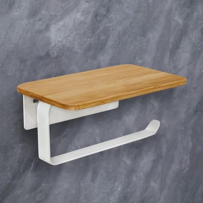 Famanu – Toiletrolhouder met bamboe plank zonder boren, zelfklevend, wit met houtaccent