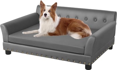 Bingopaw Grote Hondenbank - Luxe Microvezel Lederen Stoffen Hondenbank Loungebed voor Grote Honden - Houten Frame Verhoogde Puppy Bankstoel met Comfortabele Kussenmat Grijs - L - 96x70x40cm