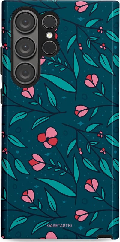 Casetastic hoesje geschikt voor Samsung Galaxy S23 Ultra - Dubbellaagse bescherming - Blauwe Groene Bloemenpracht - Fashion Case - Petrol Donkergrijs
