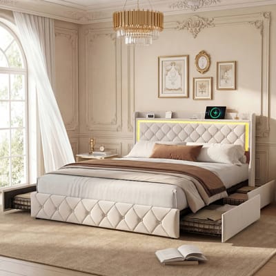 Gestoffeerd bed - 140x190cm - met LED-lichtstrip - USB-oplaadpoort - opberglade - beige fluwelen hoofdbord - stijlvol en eenvoudig - matras niet inbegrepen