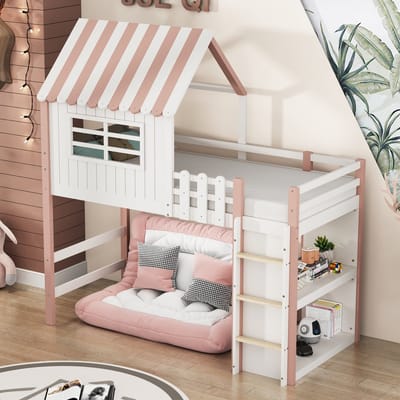 DESMIU Kinderbed 90x200 cm – Huisbed Met Dakvorm En Veiligheidsladder – Met Opbergruimte Onder Het Bed – Voor Jongens En Meisjes – Massief Hout – Roze – Zonder Matras