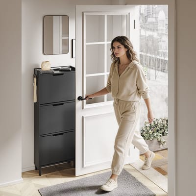 SoBuy Schoenenkast, schoenenrek van hout met led en design, voor hal en hal, voor kleine ruimtes, zwart, 50 x 19 x 131 cm, FSR151-H-E-SCH