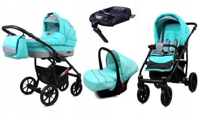 BabyLux® Kinderwagen 4in1 – LARGO - MINT BLACK FRAME - Opklapbare Wandelwagen incl. Reiswieg, Multifunctionele Buggy Sportstoel, Autostoel, ISOFIX basisstation - Combi-kinderwagen met Luiertas, Regenhoes, Klamboe