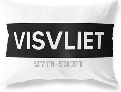 Tuinkussen VISVLIET - GRONINGEN met coördinaten - Buitenkussen - Bootkussen - Weerbestendig - Jouw Plaats - Studio216 - Modern - Zwart-Wit - 50x30cm