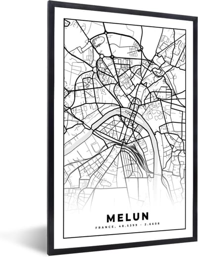 Fotolijst incl. Poster Zwart Wit- Frankrijk - Stadskaart - Plattegrond - Kaart - Melun - Zwart wit - 40x60 cm - Posterlijst