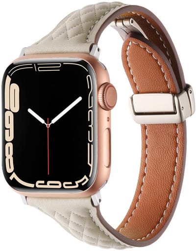 Leren bandje - geschikt voor Apple Watch 1/2/3/4/5/6/7/8/9/10/11/ SE (1,2,3) met maat 38 mm / 40 mm / 41 mm en 42 mm (Watch 10/11) - magneet sluiting met ruit patroon - beige