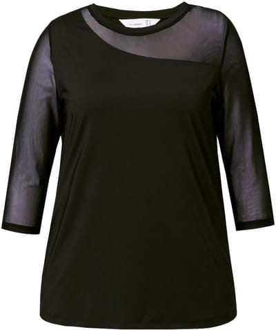 MIAMODA - Dames - T-shirt jersey en mesh 3/4-mouwen van mesh - Zwart - Maat 46