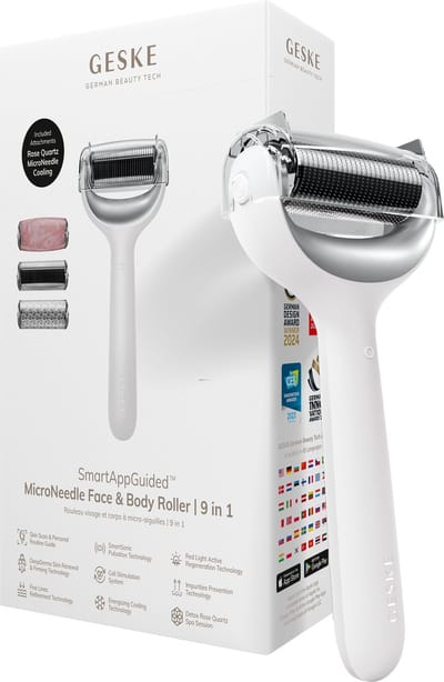 GESKE | SmartAppGuided™ MicroNeedle Face & Body Roller | 9 in 1 | rozenkwarts | Elektrische dermaroller | Microneedling | Microneedling-apparaat | Roller | Schoonheidsroller voor gezicht en lichaam