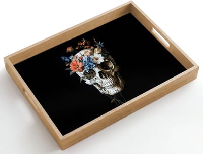 Dienblad hout 50x35 cm - Schootdienblad - Bloemen - Schedel - Kleurrijk - Borrelplank rechthoek - Plateau dienbladen