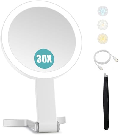 NTHProducts - Verlichte Make-up Spiegel - 30x/1x Vergroting - Draagbaar en Vouwbaar - Wit - Met 3 Kleuren Licht - Voor Thuis en Reizen