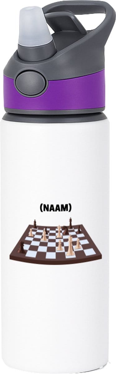 Hacebo® - Schaken met eigen naam waterfles met rietje paars - Schaken - Schaker - Denksport - water fles - 650ML