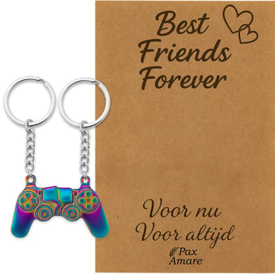 BFF Sleutelhanger voor 2 'Best Friends Forever' - Magnetische Controller - Sleutelhangers op Cadeau Kaartje - Zilverkleurig met Regenboog effect - Vriendschap Symbool - Pax Amare