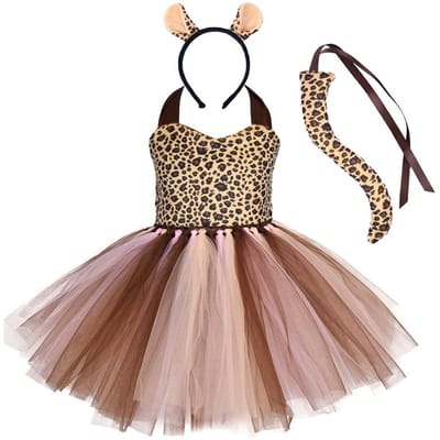 Kinderen Dier Cosplay Kostuum Baby Meisje Bos Thema Giraf Koe Tijger Luipaard Zebra Print Tutu Jurk Verjaardag Jungle Feest Outfit XS (1T)&Kids Animal beige