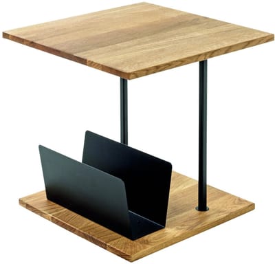 Bijzettafel – Massief eikenhout en zwart staal – Met geïntegreerde krantenhouder – 45 cm breed, 45 cm diep, 45 cm hoog