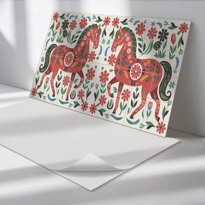 Wallfluent Vinyl Wandpaneel - Paard in bloemenpatroon PVC Muurpaneel - 100 cm x 50 cm - Rood PVC wandpaneel - 1 stuk - Rechthoekig Wandbekleding Vinyl - Dieren Wandpaneel - Zelfklevende Wandbekleding - Wandpaneel Keuken en Badkamer