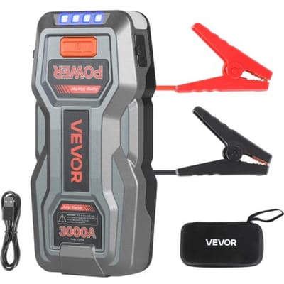 VEVOR Jump Starter Powerbank, startbooster met een piekvermogen van 3000A, inclusief LED-zaklamp en kabel, geschikt voor motoren tot 9 liter benzine/7 liter diesel. Draagbare booster met snelladen en veiligheidsbescherming voor noodgevallen.