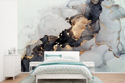 Behang - Fotobehang Zwart - Marmer - Luxe - Goud - Breedte 420 cm x hoogte 280 cm