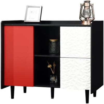 Buffet / Armoire de rangement - MUVOE - 90x40x80 cm - Rouge et noir - 2 tiroirs - MDF