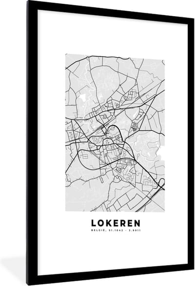 Fotolijst incl. Poster Zwart Wit- België – Lokeren – Stadskaart – Kaart – Zwart Wit – Plattegrond - 60x90 cm - Posterlijst