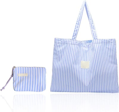 Canvas Tas en Muntzakje, Blauwe Gestreepte Schoudertas voor Dagelijks Gebruik en Reizen, Ideaal voor Kleine Spullen en Organisatie