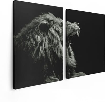 Artaza Canvas Schilderij Tweeluik Brullende Leeuw - Leeuwenkop - Zwart Wit - 120x80 - Foto Op Canvas - Canvas Print