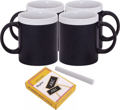 123 kado koffiemokken - Set 4x krijtbord Koffie mokken - wit - met krijt