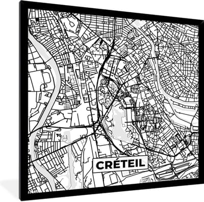 Fotolijst incl. Poster Zwart Wit- Stadskaart - Frankrijk - Créteil - Kaart - Plattegrond - Zwart wit - 40x40 cm - Posterlijst