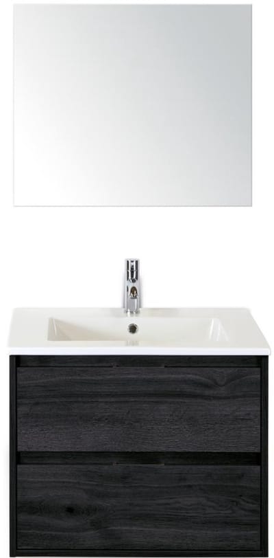 Porto Badmeubelset 70 cm - Black Oak - Keramische Wastafel Wit Slim met Spiegel
