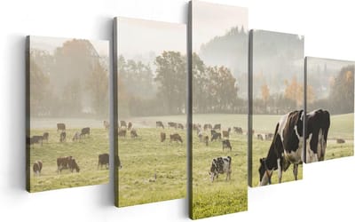 Artaza Canvas Schilderij Vijfluik Zwart Witte Koeien In De Wei - 100x50 - Foto Op Canvas - Canvas Print