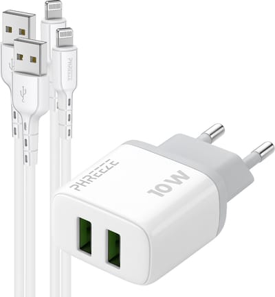 Phreeze usb adapter 12 W - Geschikt voor iPhone en iPad met Lightning kabel 1 m - Dubbele usb poorten - Power adapter met 2 kabels inbegrepen