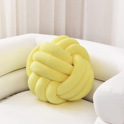 Rond Zacht Sierkussen met Knopen - Geknoopt Pluche Kussen voor Woondecoratie (34,7 cm, Geel)