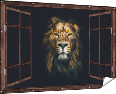 Gards Tuinposter Doorkijk Leeuw - Leeuwenkop - Kleur - 180x120 cm - Tuindoek - Tuindecoratie - Wanddecoratie buiten - Tuinschilderij
