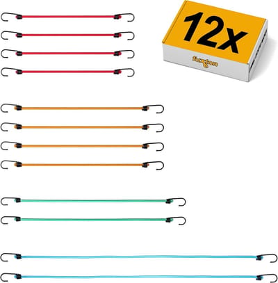 Set van 12 Fiets Spanbanden met Haken - 4 Lengtes & Kleuren voor Fietsmand en Bagagedrager