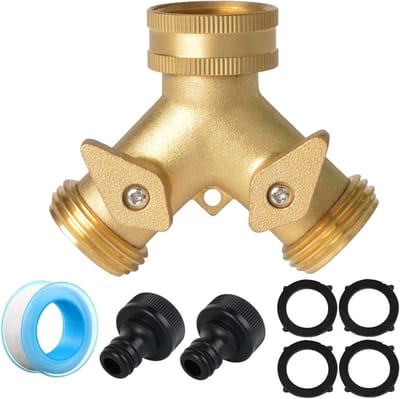 Dubbele Water Tuinslang Splitter met Individuele On/Off Ventielen voor Tuin en Buitenkeuken - 3/4" Y Aansluitingen voor Efficiënte Waterverdeling