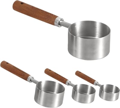 Metalen maatbekers voor hondenvoer - 4-delige set met houten handvat - Precisie, duurzaamheid en eenvoudig schoon te maken voor huisdierenvoeding