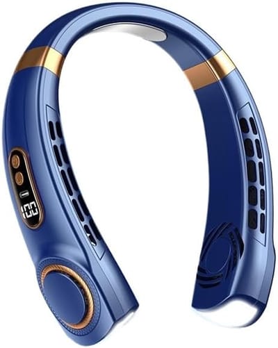 KZQ Nekventilator met Display - Nekventilator - Gezichtsventilator - Draadloze ventilator - 5 windsnelheden - USB oplaadbaar - Met gekleurde lampjes - Geschikt voor buitenactiviteiten en hardlopen in het donker - Blauw