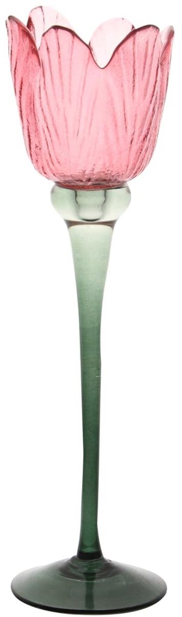 Dekoratief | Theelichthouder tulp op voet, roze/groen, glas, 8x8x28cm | A255810