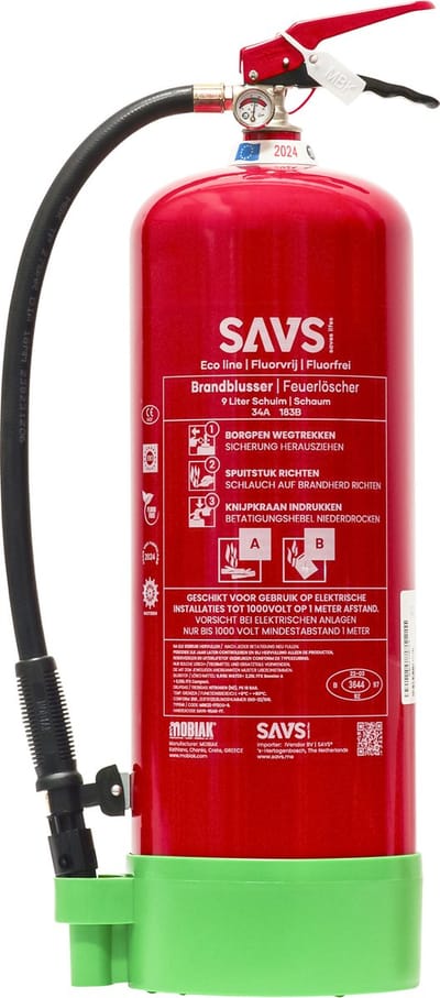 SAVS® Brandblusser schuim 9 liter - 34A 183B - Fluorvrij - Met montagebeugel - Schuimblusser - 9L