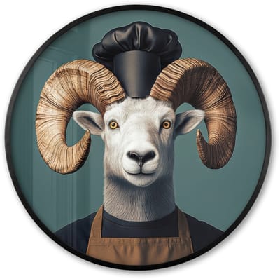 Poster in lijst Rond - Fotolijst 60x60 cm - Posters - Geit - Hoorns - Kokskleding - Ronde posterlijst zwart - Decoratie - Wanddecoratie woonkamer - Muurdecoratie slaapkamer