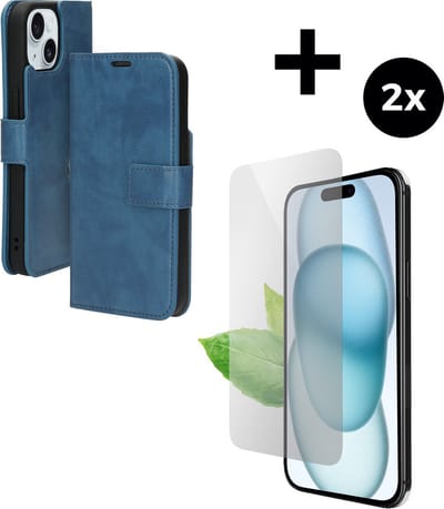 Mobiparts Classic Wallet hoesje geschikt voor Apple iPhone 15 met 2 Screenprotectors van Gerecycled Gehard Glas - Blauw