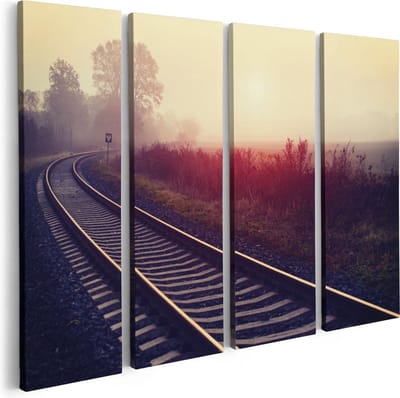 Artaza Canvas Schilderij Vierluik Spoorweg Rails Tijdens De Herfst Met Mist - 80x60 - Foto Op Canvas - Canvas Print