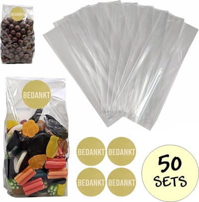 50x Bodem Cellofaan Zakjes 8x6x23 cm + Stickers Bedankt - Zelf Staande Zakjes - Uitdeelzakjes - Cadeau Zakjes - Snoepzakjes - Traktatie Zakjes - Transparant - 50 Sets