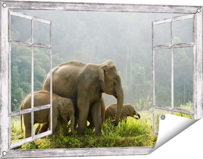 Gards Tuinposter Doorkijk Olifanten Familie in de Jungle - Olifant - 90x60 cm - Tuindoek - Tuindecoratie - Wanddecoratie buiten - Tuinschilderij
