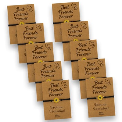 Vriendschapsarmbandjes voor 10 "Best Friends Forever" - Zonnebloem - BFF Armbandjes met Persoonlijk Cadeau Kaartje - Zwart met Bloem Hanger - Op Tien Kaartjes- Pax Amare