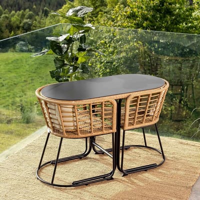Tuinmeubelset 2 Personen 120x52x78 cm – Compacte Balkonset met Tafel en Stoelen, Waterdicht Polyrotan & Staal, Inclusief Kussens, Beige/Crème Boho Chic – Laura