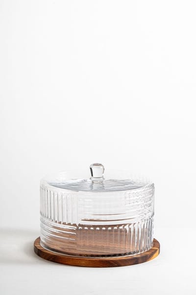 Mevaz - Borosilicaat Taartplateau met Bamboe Onderbord – Ø25 cm – Luxe Taartplateau – Met Deksel – Elegant Design