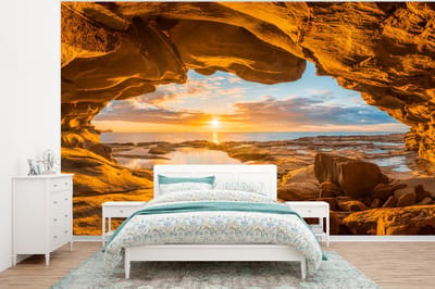 Behang - Fotobehang Grot - Zee - Horizon - Zonsondergang - Breedte 320 cm x hoogte 240 cm