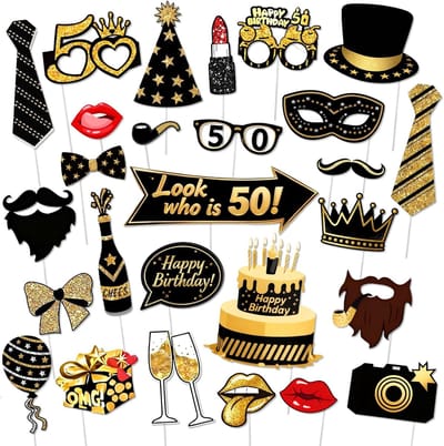 SnelShoppen - 32 Stuks Foto Props voor 50ste Verjaardag - Zwart Goud - Grappige Foto Booth Accessoires voor Feest, Verjaardagsfeest, Jubileum, Oud en
